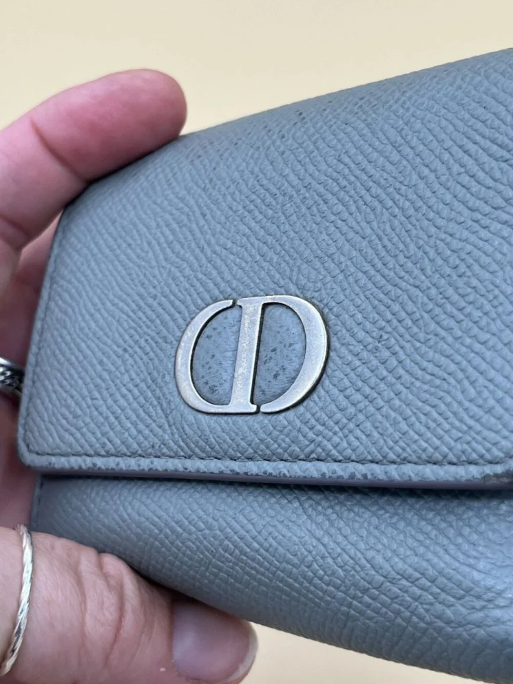 Christian Dior Light Blue Grained Leather CD Logo Compact Wallet Silver Hardware